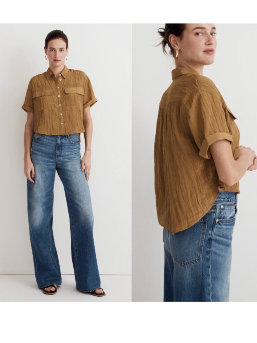 MADEWELL Crinkled Utility Button-Up Shirt Olive Green Medium